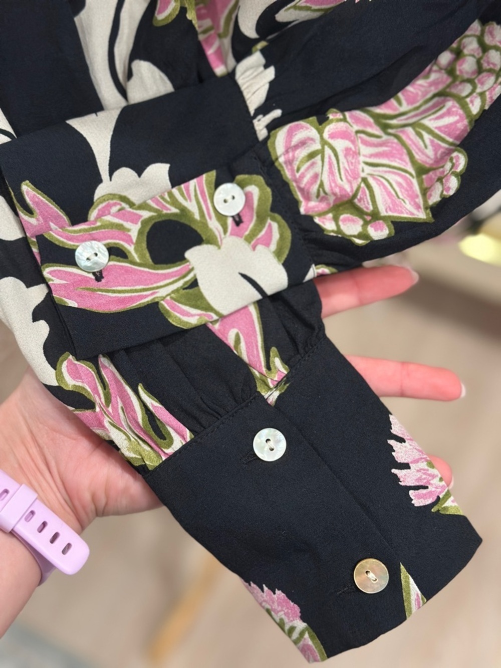 Karen Kane Black Long-Sleeve V-Neck Blouse with Pink & Cream Floral Print - Picture 4 of 6